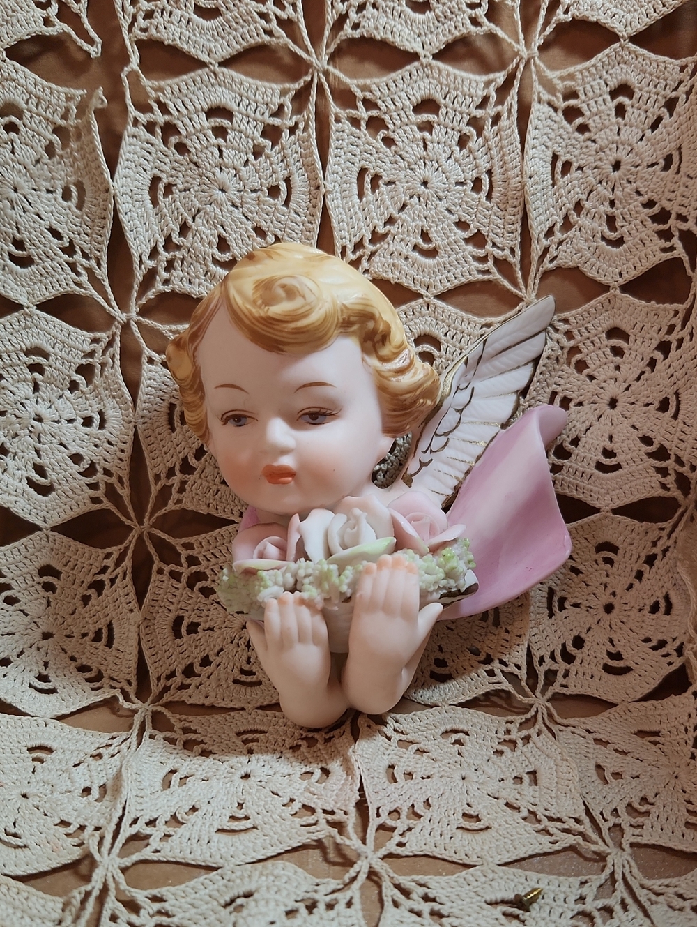 Norcrest Pink Porcelain Angel Wall Accent with Flower Basket